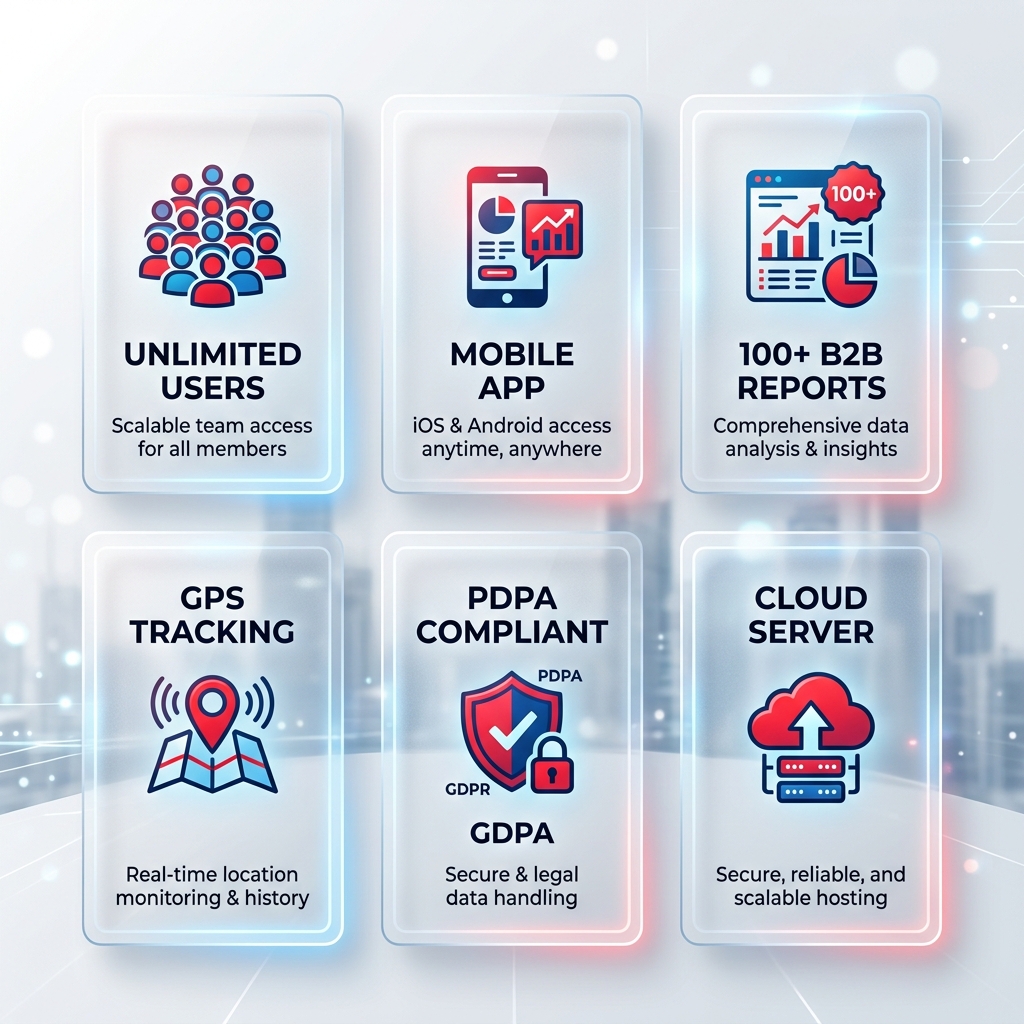 PMII Advanced Features: Unlimited Users, Mobile App, 100+ Reports, GPS Tracking, PDPA Compliant, Cloud Server