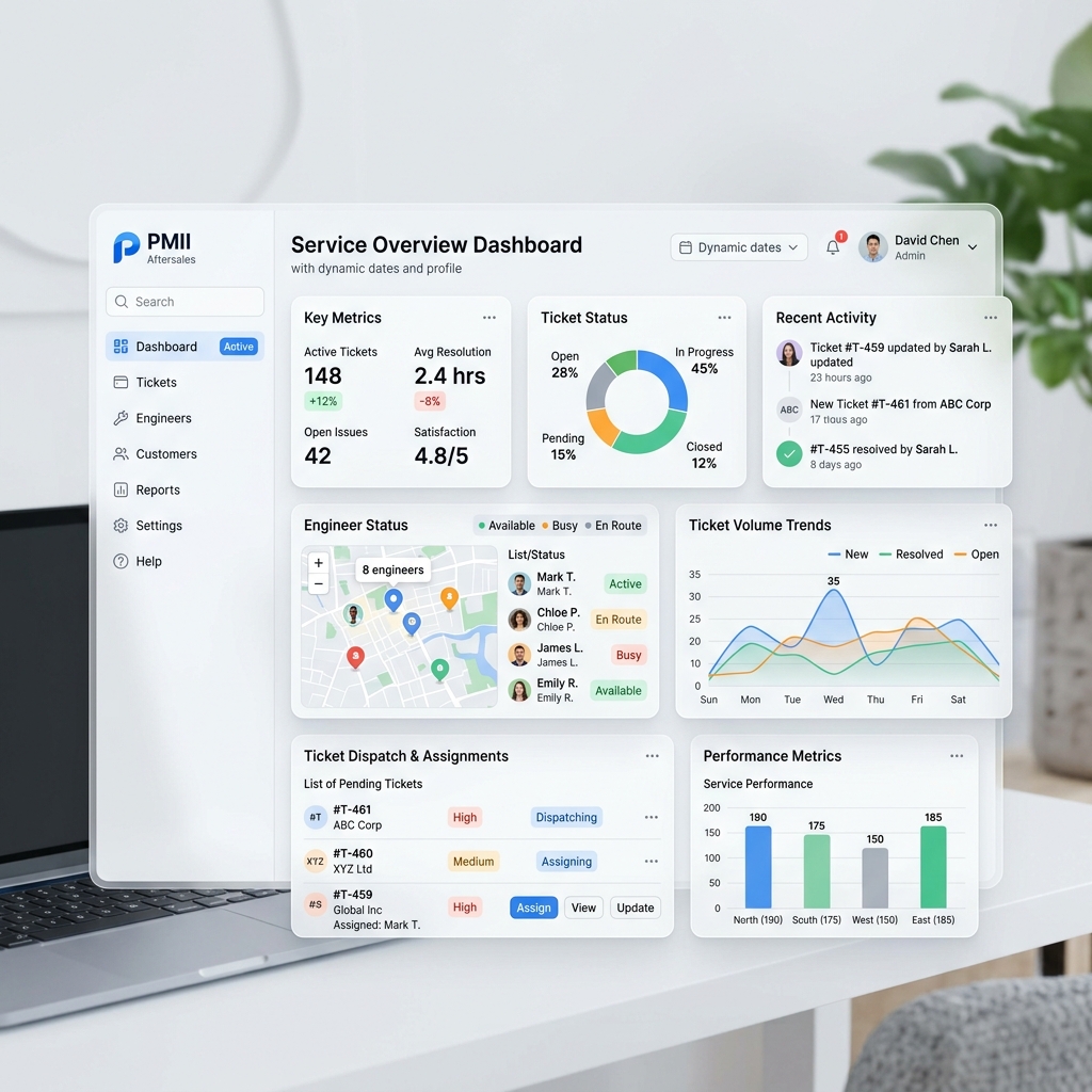 PMII Aftersales Service & Facility Management Web Dashboard mockup showing statistics and repair orders