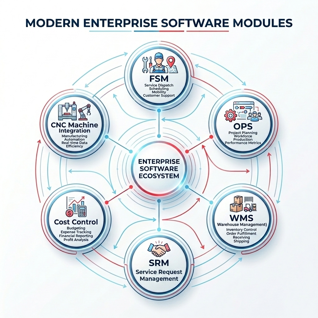 PMII 6 Modules Circular Diagram Showing Connection between FSM, OPS, WMS, SRM, Cost Control, CNC Machine