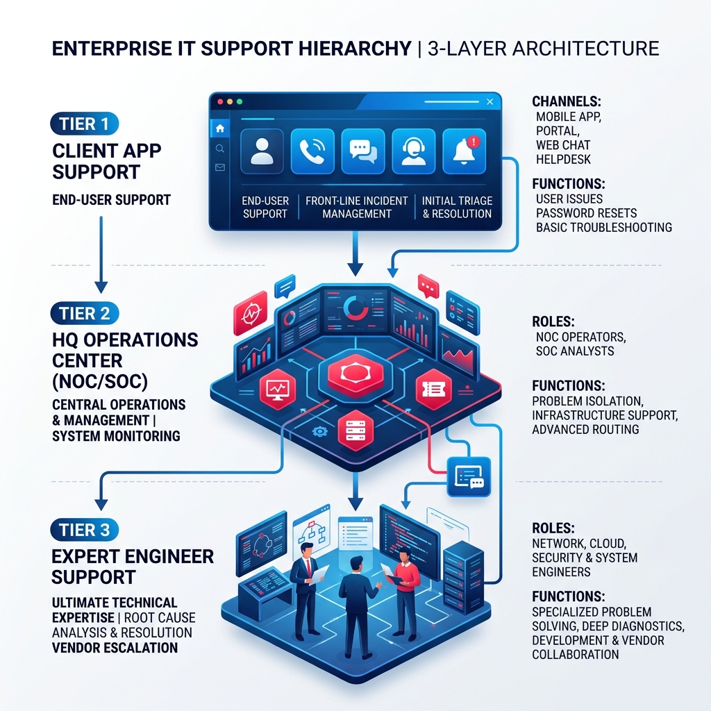 PMII 3-tier Support Hierarchy Diagram: Tier 1 Client App -> Tier 2 HQ Monitors -> Tier 3 Experts Tech