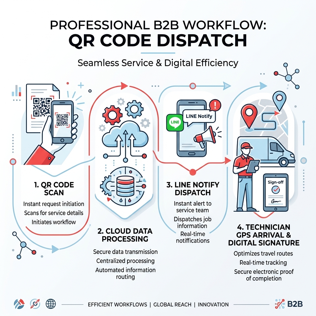 Horizontal Infographic Flow: QR Code Scan -> Cloud Data Center -> Line Notify -> GPS Technician Sign